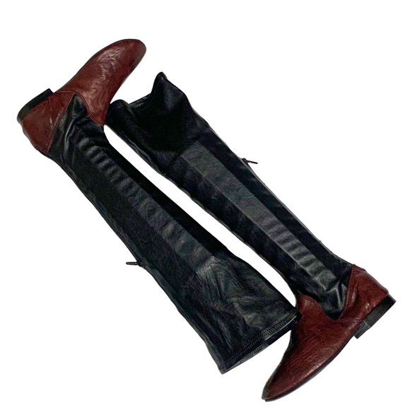 KUDETA Merlot and Black‎ Leather Rear Zip Stretch Tall Boots - Picture 8 of 12